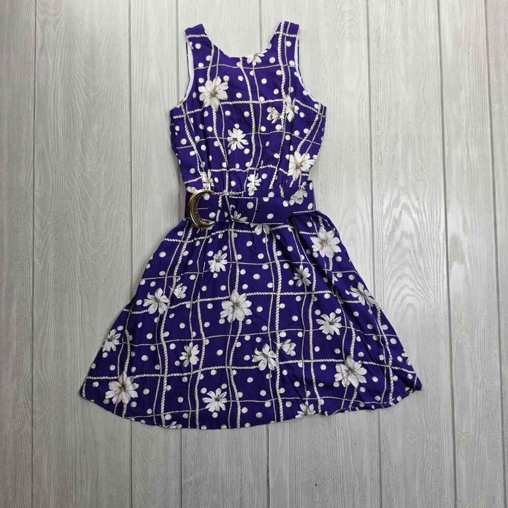 Geoffrey Craig Vintage Blue & White Floral Sleeveless Belted Dress Size 2